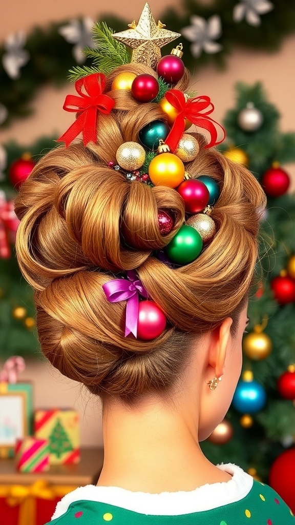 60s Inspired Christmas Tree Hairdo A festive 60s Christmas tree hairstyle decorated with ornaments and ribbons.